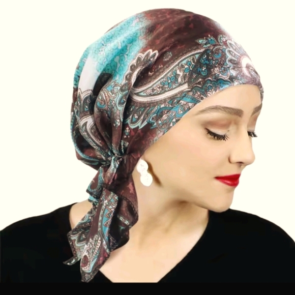 Paisley Headscarf / Chemo Cap in Teal and Brown Soft Silky - Picture 1 of 3